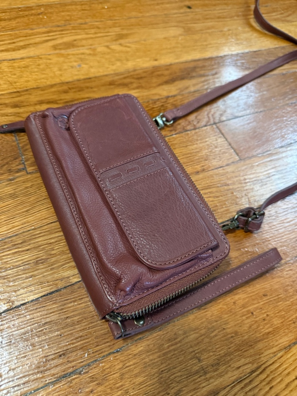 Born Brown Leather Crossbody Wristlet wallet mini purse beltbag.